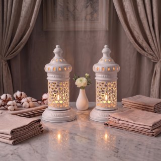 Beyaz Geometrik Metal Fener | Selçuklu Yıldızı Desenli Tealight Mumluk | Minimalist Fas Tarz - görsel 9