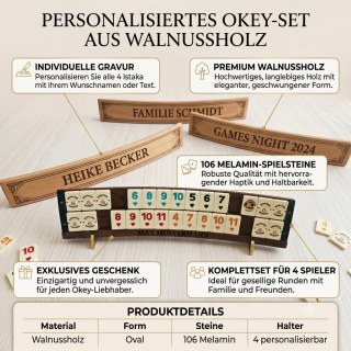 Ceviz Ağacından Kişiye Özel Okey Seti – 106 Melamin Taşlı Oval Okey Oyunu – Taş Tutuculara Özel Gravür – 4 Kişilik Premium Ahşap Okey - görsel 2