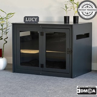 Hundehuette Belano Dunkelgrau aus Holz mit personalisiertem Namensschild und Kis