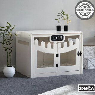 Hundehuette Welano Weiss aus Holz mit personalisiertem Namensschild und Kissen