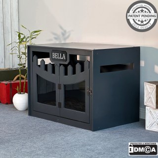 Hundehuette Welano Dunkelgrau aus Holz mit personalisiertem Namensschild und Kis